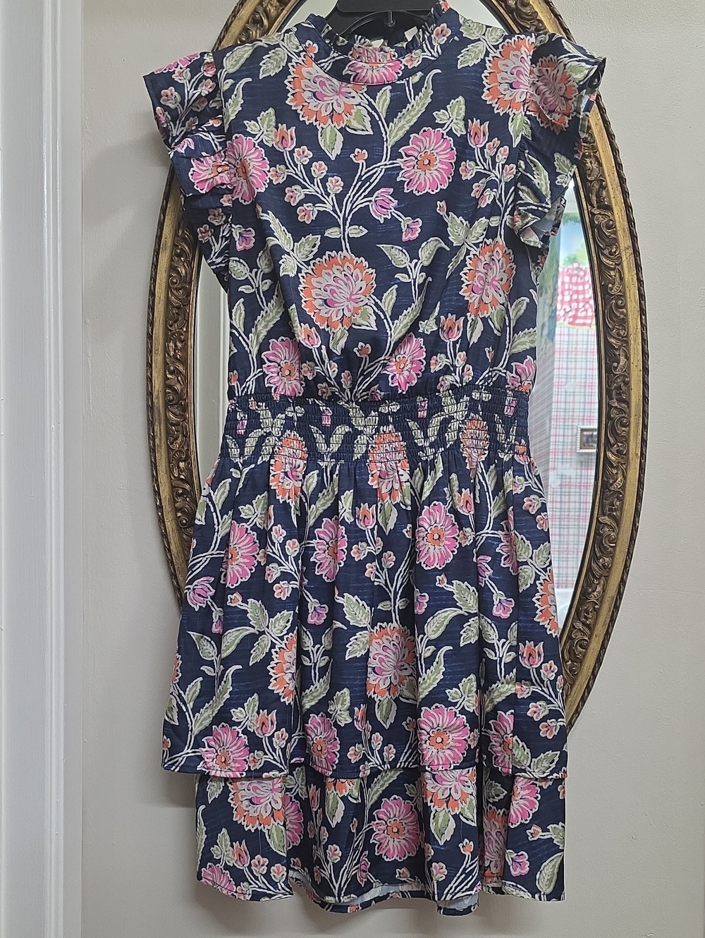 THML Navy Floral Ruffle Sleeve Midi Dress - Pink Coral Blooms Size XS Poly Blend